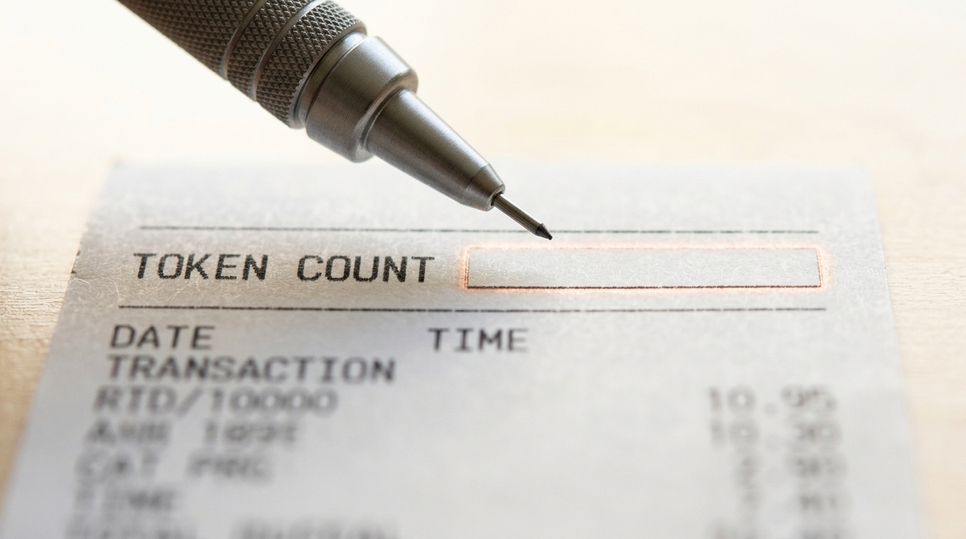 A close view of a receipt's header row printing a "token count" field label with no figure filled in beside it, a pencil hovering just above without touching the paper