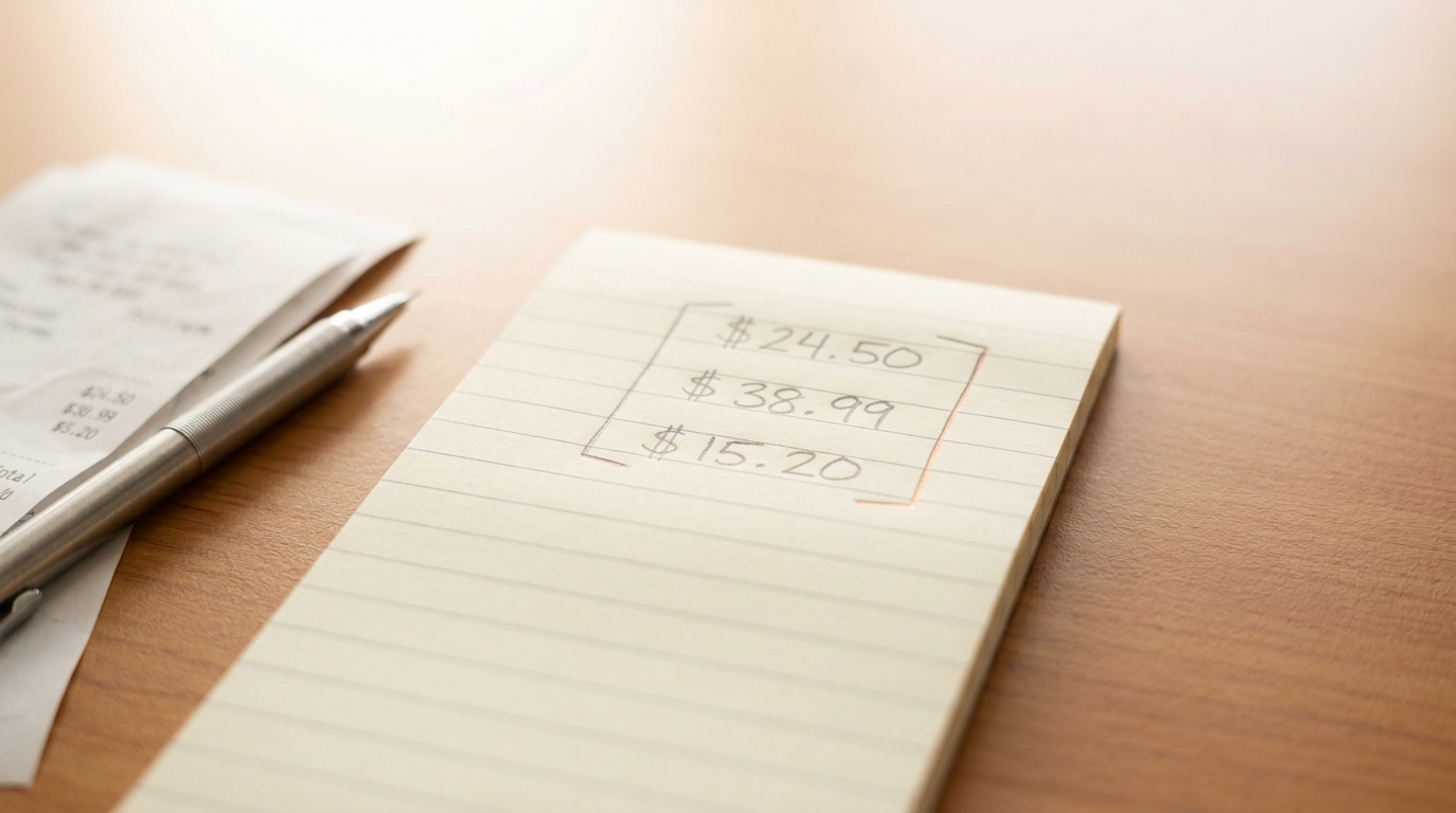 A narrow notepad beside the two receipts with three trial totals written in a column and a pencil bracket drawn partway around them, the bracket's closing stroke not yet complete