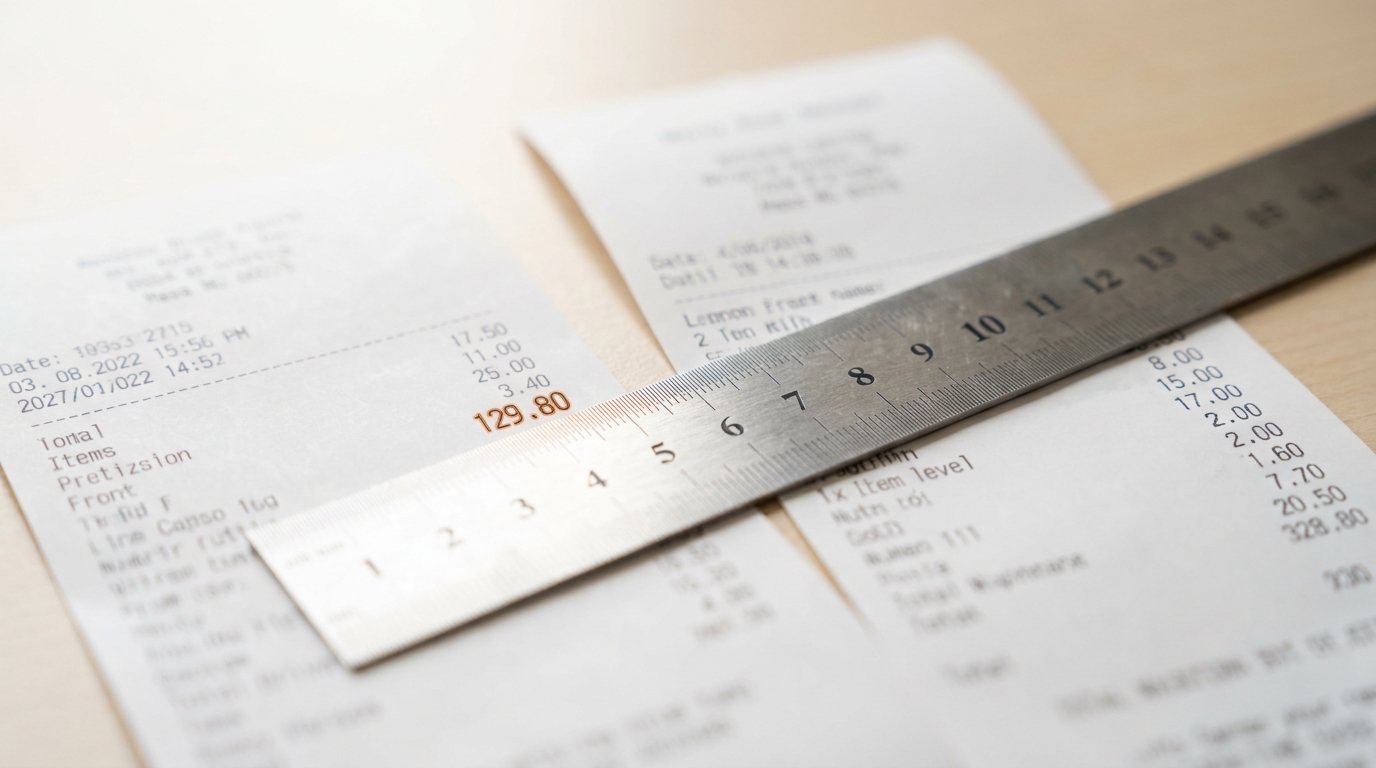 A steel ruler laid diagonally across the cached-input line of two receipts at once, aligning one small figure against a visibly larger one printed directly beside it