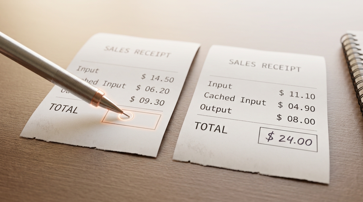 Two itemized API usage receipts lying side by side on a desk, each listing input, cached-input, and output token line items, with a mechanical pencil resting mid-stroke over one receipt's still-blank total cell