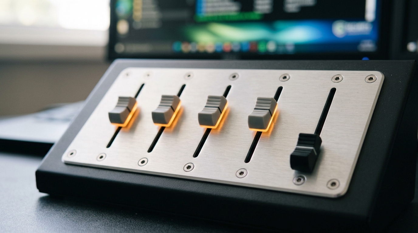 A row of five vertical slider controls on an access-control panel, four sliders caught rising toward their filled end and one slider stalled near its empty end