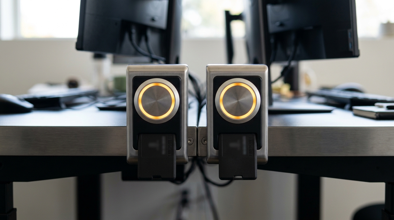 Two identical badge-reader terminals side by side on the same desk edge, both status rings rising to full brightness at the same moment