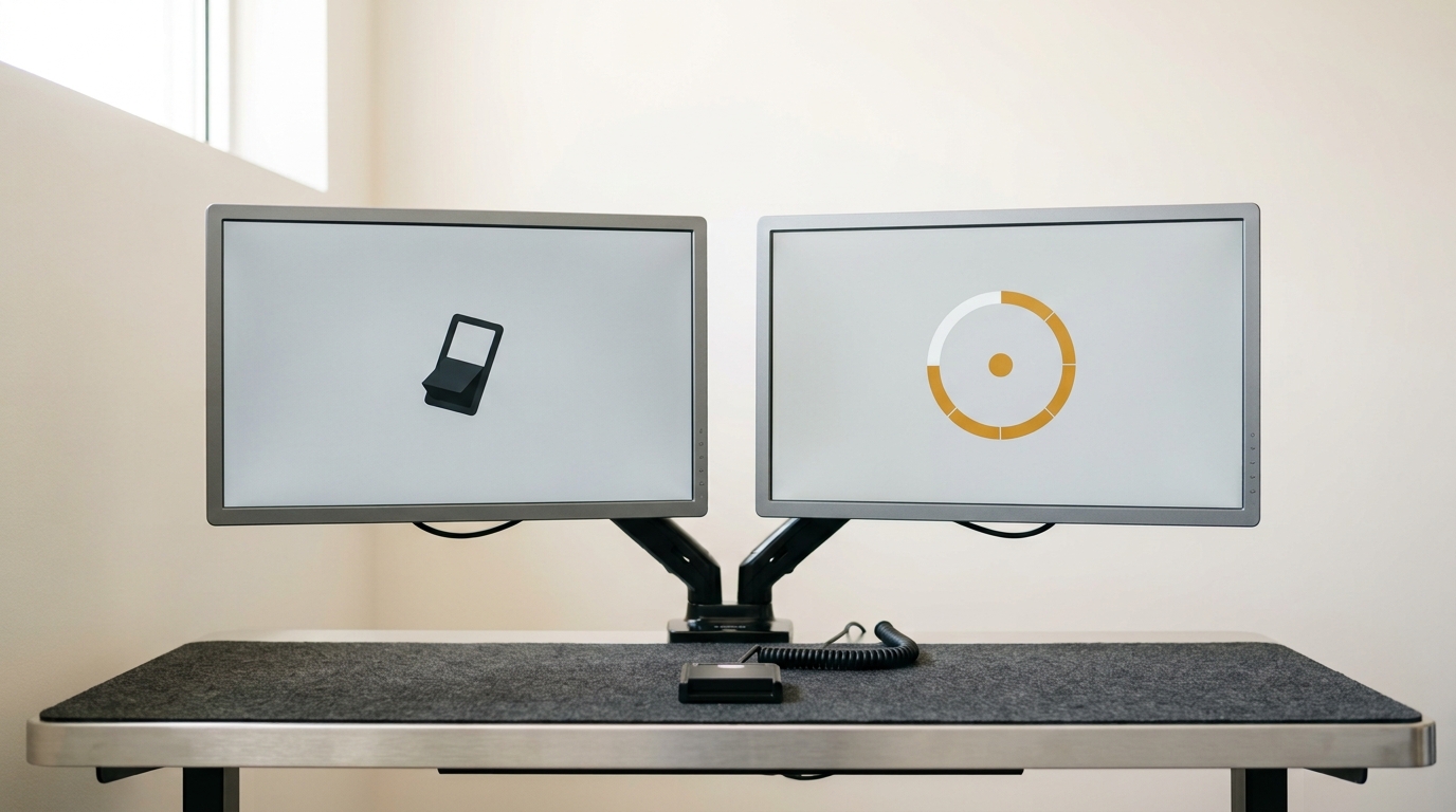 Two monitors on a shared access-control terminal desk, one showing a toggle control caught mid-flip and the other showing a verification ring caught partway filled