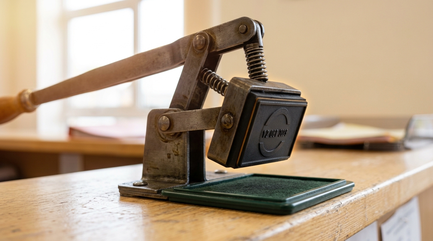 A self-inking date-and-approval stamp mounted in its own press fixture on a counter, the stamp arm caught partway down toward the ink pad but not yet touching it