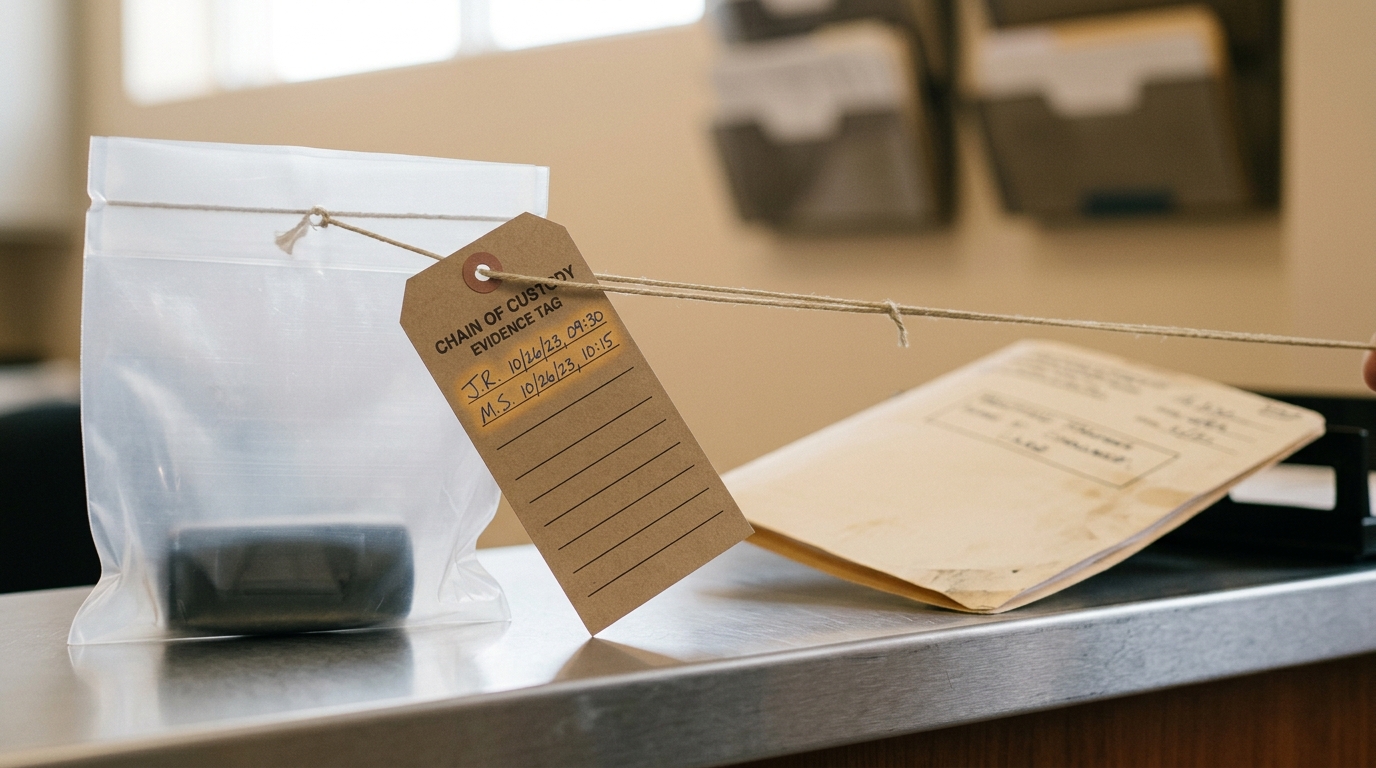 A paper chain-of-custody tag threaded through the pull-tie of a sealed clear evidence bag on a plain intake counter, the tag's cord caught mid-thread and not yet lying flat, a routing folder's corner lifting at the edge of the frame