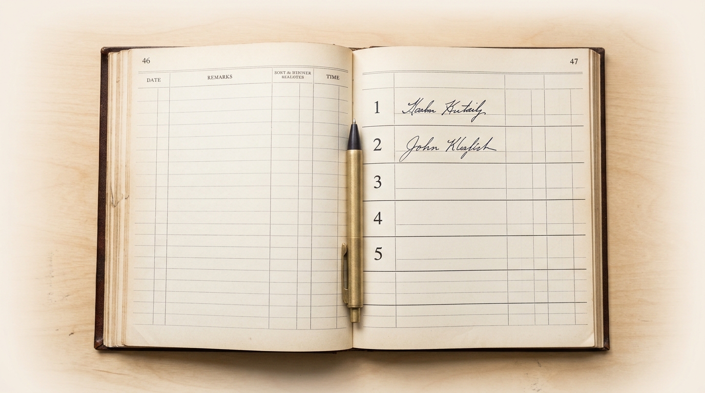 A bound intake ledger open on a counter, a ruled column of numbered signature lines with only the first two rows filled in and a desk pen resting at an angle beside the next blank line