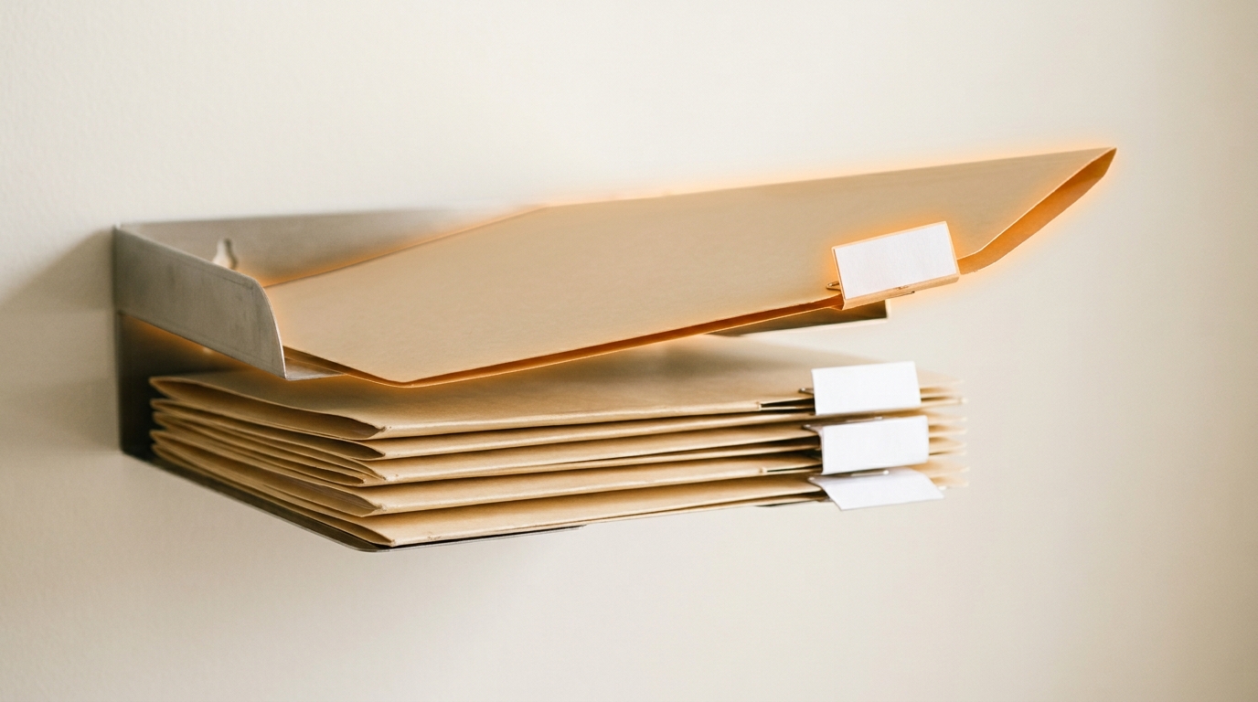Five slim manila routing folders in a wall-mounted out-tray, each carrying a small blank external-reviewer tab, with the topmost folder's corner lifted as though mid-handoff