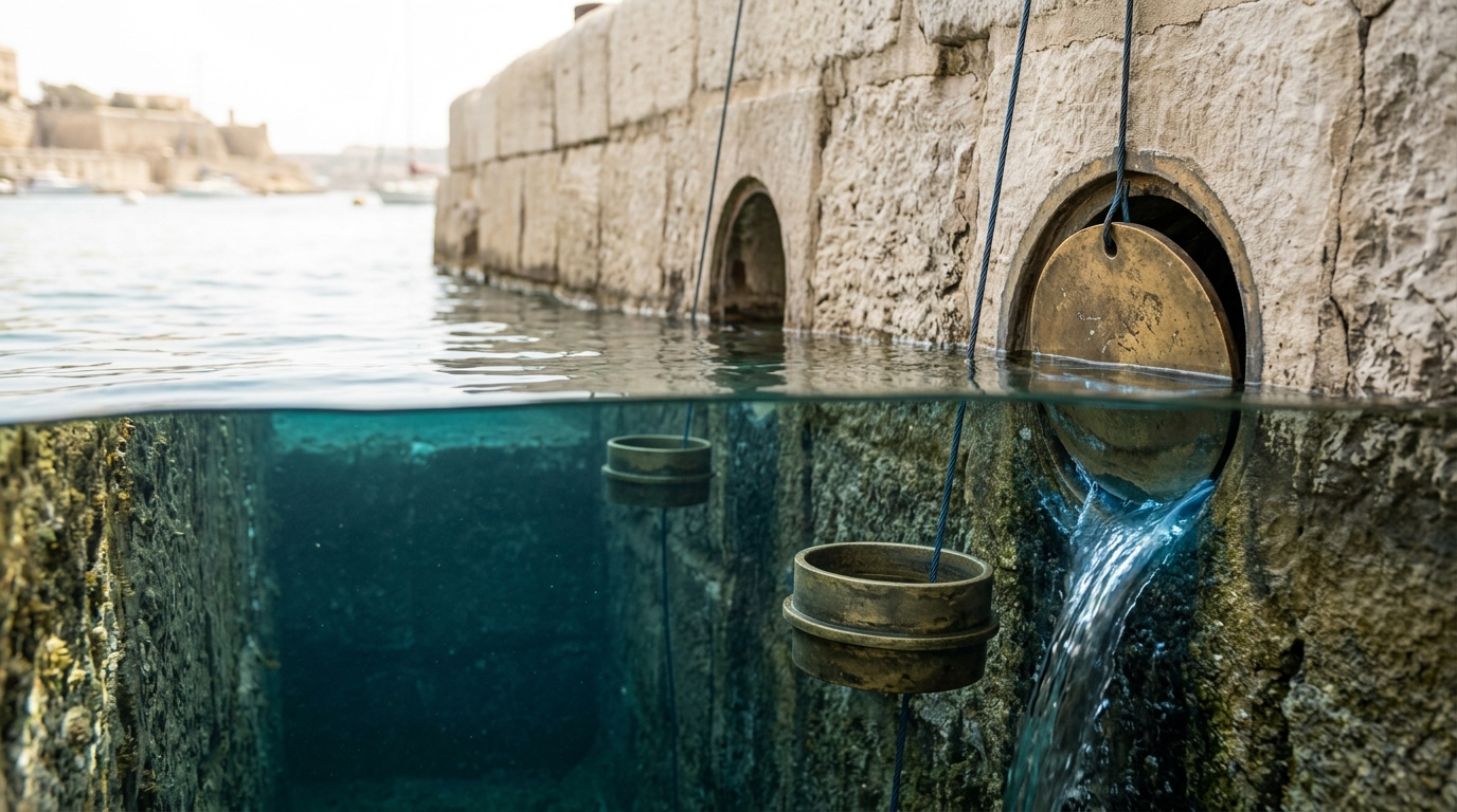 Two adjacent stone stilling wells below a harbour wall, one inlet open and flowing, the other being closed by a brass blanking plate that is only half seated, with water still slipping past its edge