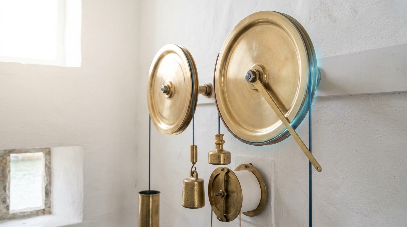 Two brass pulleys carrying float wires on a whitewashed tide-house wall, the left one turning freely and the right one with a leather-faced brake shoe just meeting its rim while the wire still creeps beneath it