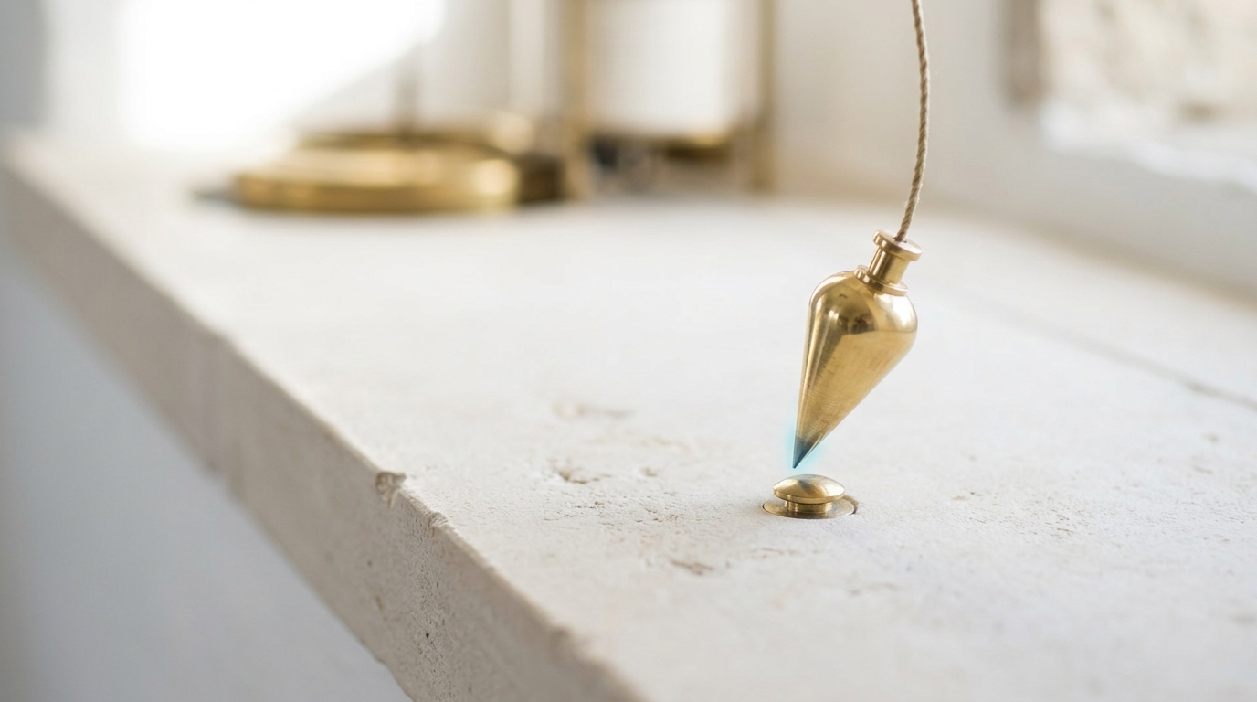 A brass datum bolt set flush into the pale limestone sill of a tide house with a plumb bob hanging just above it, the bob still swinging in a small arc and its point not yet steady over the centre of the bolt