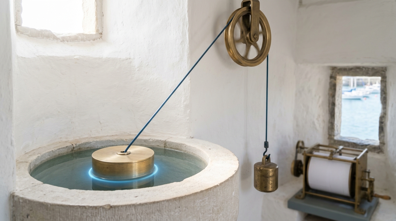 A bright whitewashed stone tide house with a brass float part-way up a rising tide inside a stilling well, its wire still taking up over a large brass pulley and the counterweight still descending