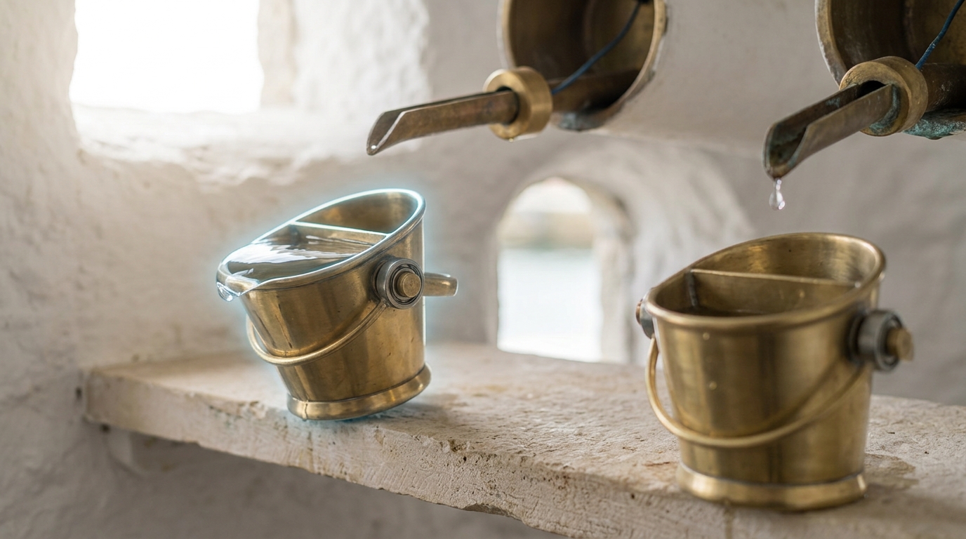 Two small brass tipping buckets hung under the drains of a tide house, the left one caught at the instant of balance with its water bulging over the lip and not yet spilled, the right holding a single unshed drop