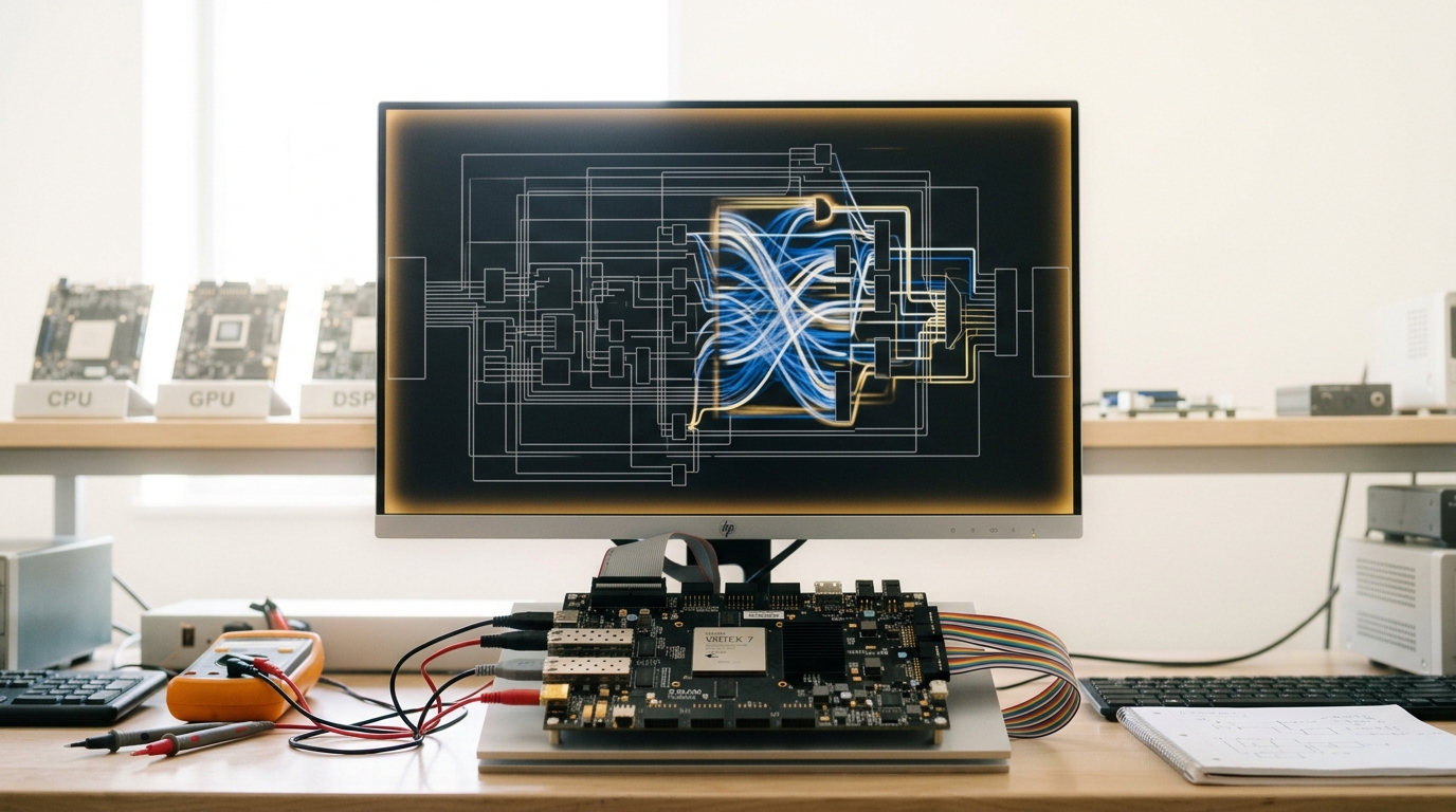 An edge-AI accelerator board on a bright European engineering bench, caught mid-assembly with a component still being seated into its socket
