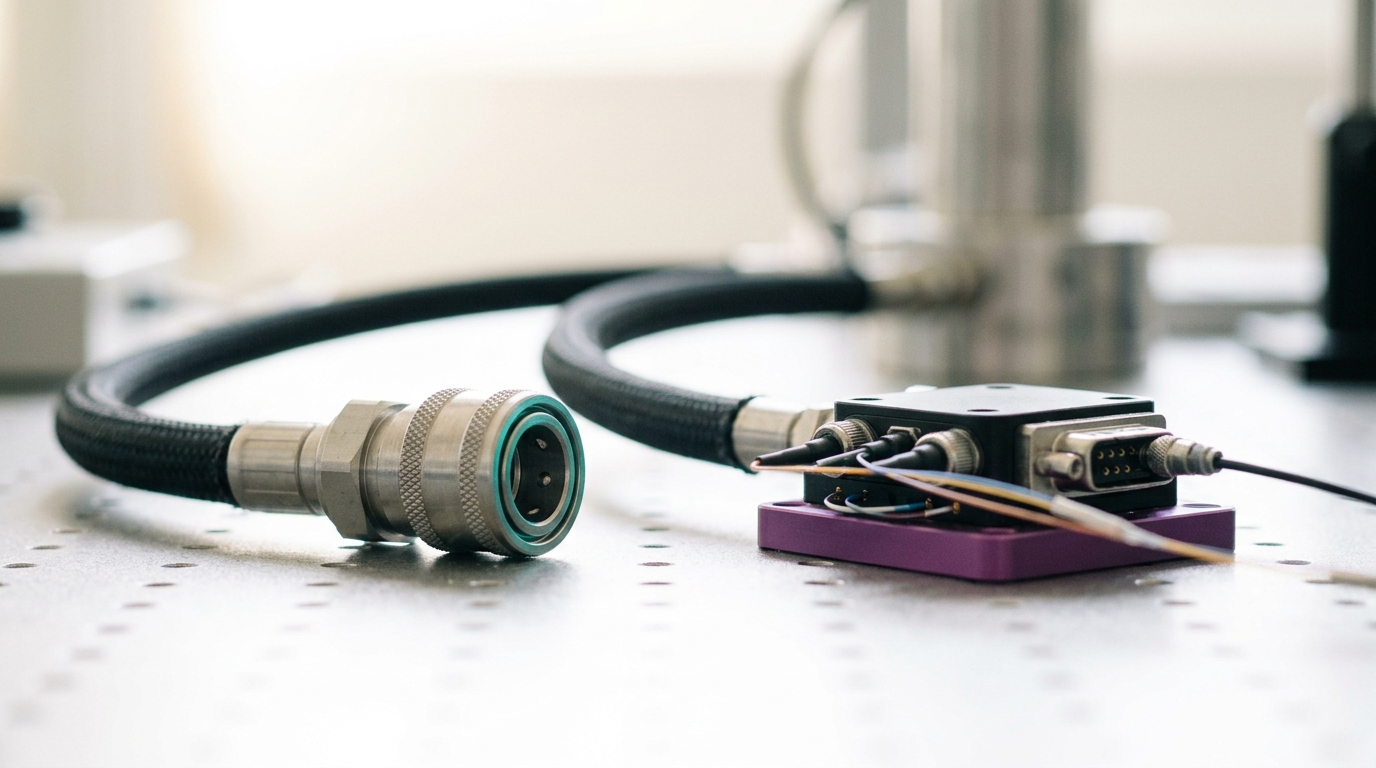 A liquid-cooled optical module mount on a bright bench, a quick-disconnect coolant fitting caught half-seated beside the compact optical I/O chiplet