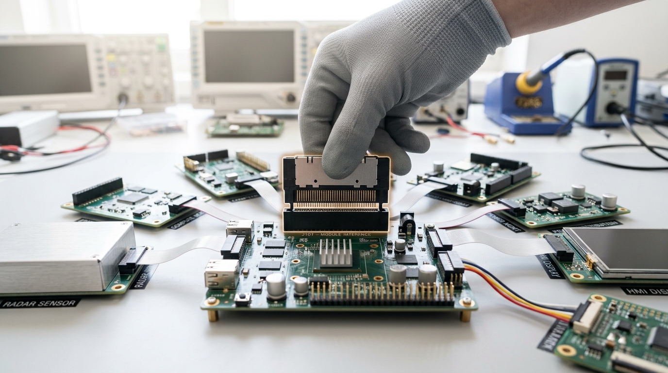 A small optical I/O chiplet module on a bright characterization stage, a bundle of fine fibre pigtails caught mid-connection into its dense array, one connector not yet seated