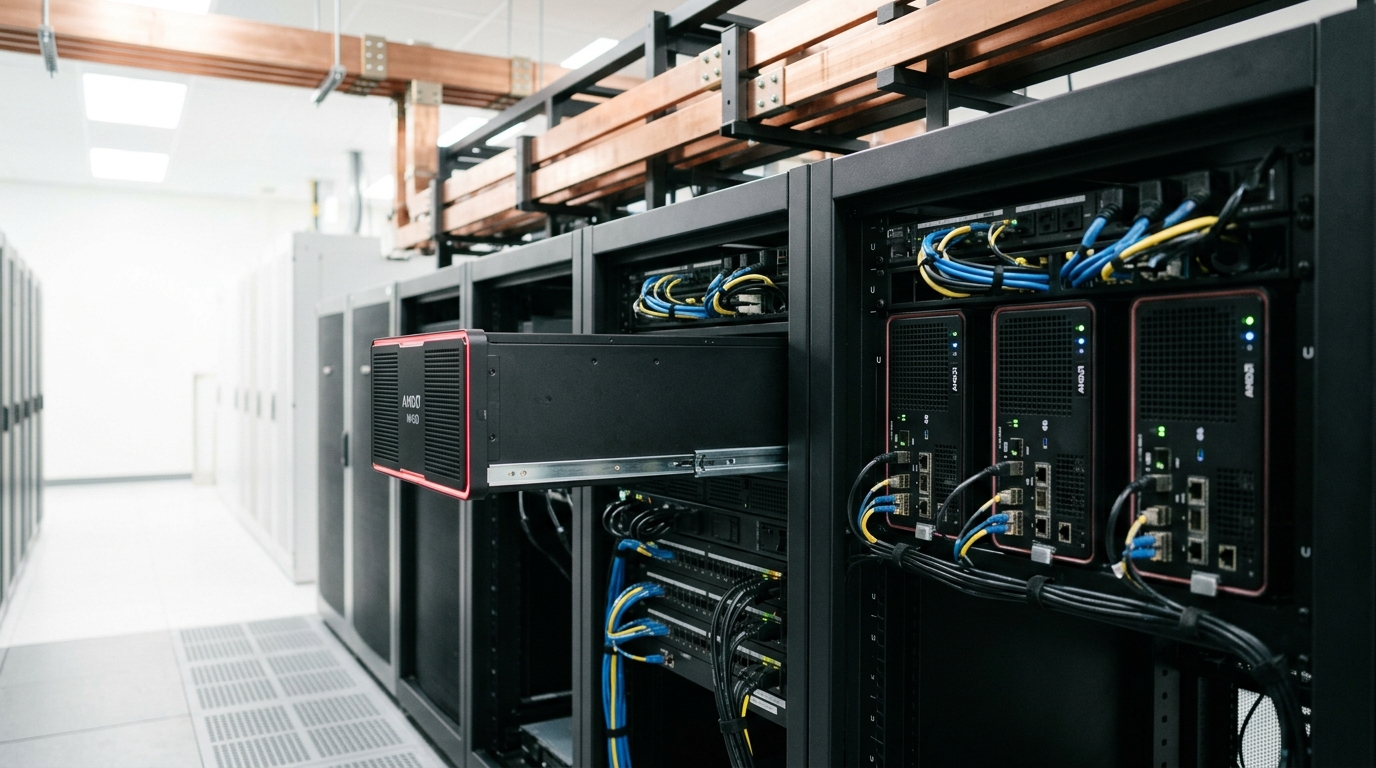 A Broadcom-designed Ethernet switch bay in a bright datacenter, one switch caught part-withdrawn on its rails, teal fibre cabling feeding into a dense faceplate