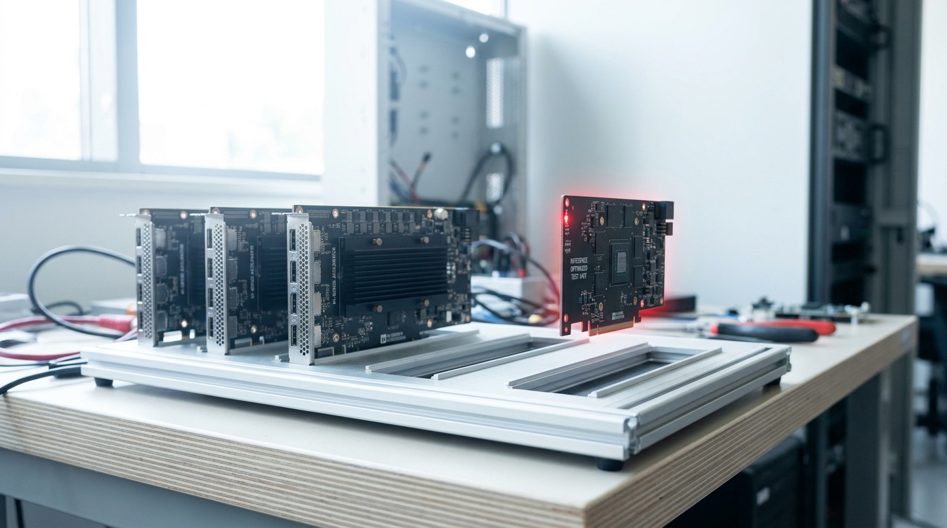Six visibly distinct accelerator boards from six different customer programs laid out along one long bright bench, a seventh, newest board caught being set down at the end of the row