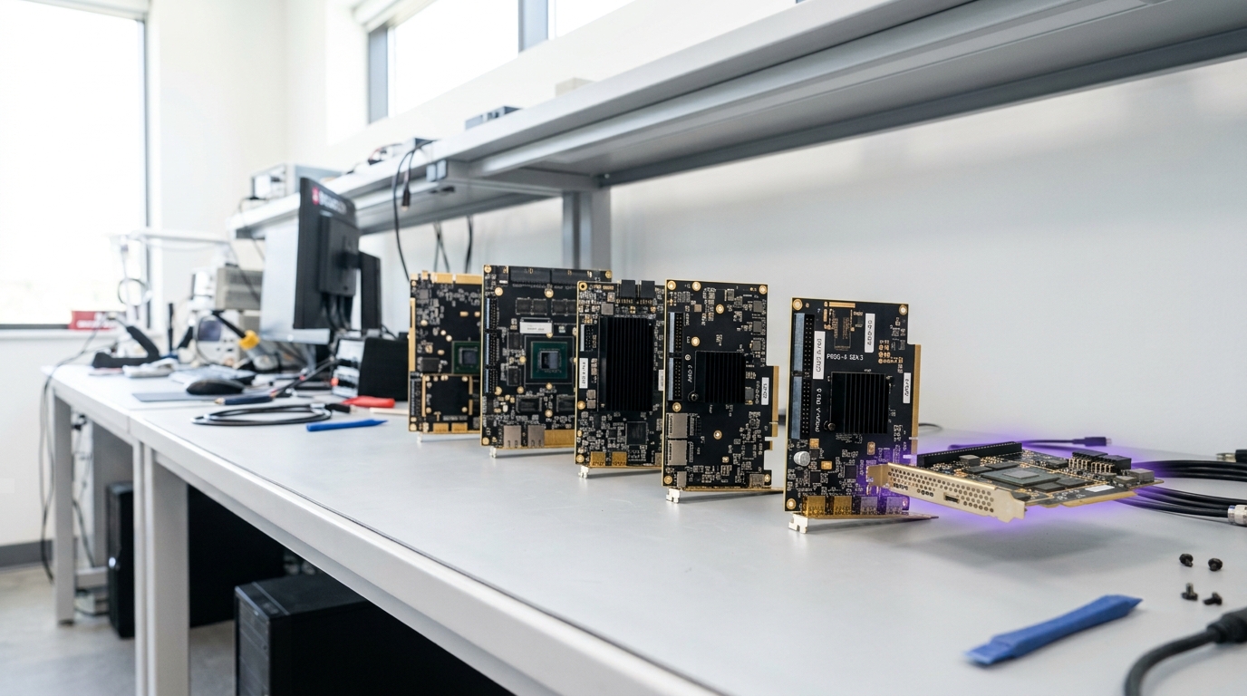 Two accelerator boards on facing test stages in a bright lab, a shared measurement rig between them with its probe arm caught swinging toward one stage, not yet settled on either