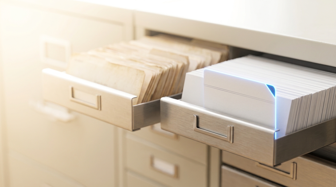 An archive cabinet of retired sample-card trays beside a fresh intake tray, a single marked canary card caught half-inserted into the middle of the stack next to a small pile of older cards being retired