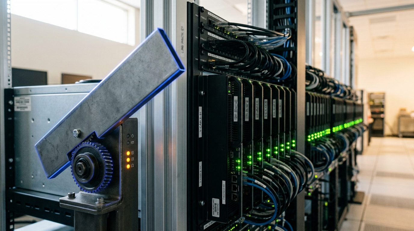 A row of regression-runner server blades behind a patch panel with a mechanical interlock gate arm caught only part-raised in front of the row, one status light still amber rather than green