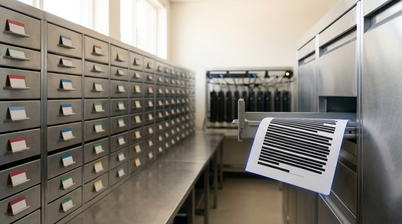 A steel triage bench in a bright evaluation lab with a redaction-barred printed transcript caught mid-slide into a wall of labelled sample trays, a runner-blade rack visible beyond