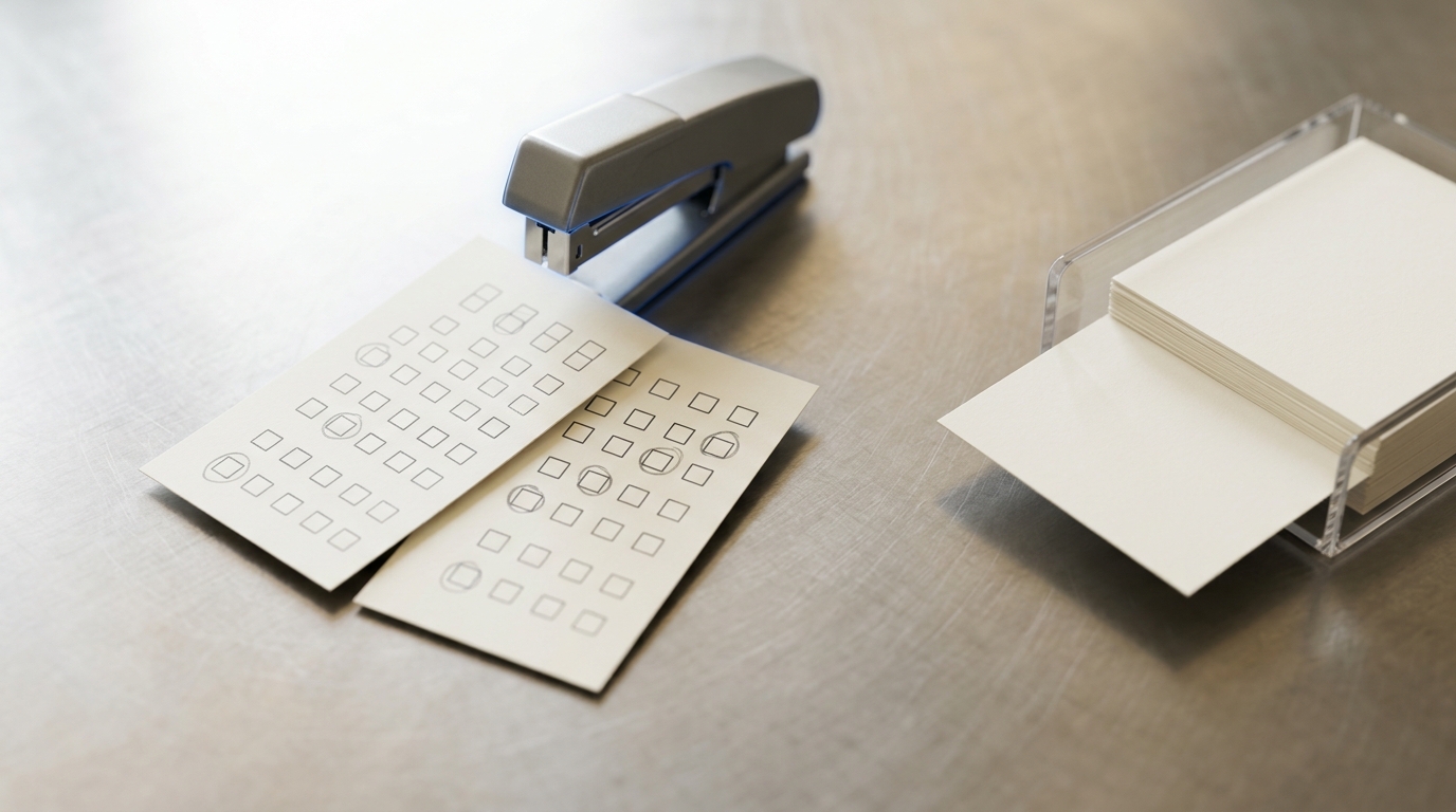 Two grading rubric cards for the same case lying side by side on the bench with different pass and fail boxes marked, a stapler poised over them and a third blank card sliding out of a dispenser tray