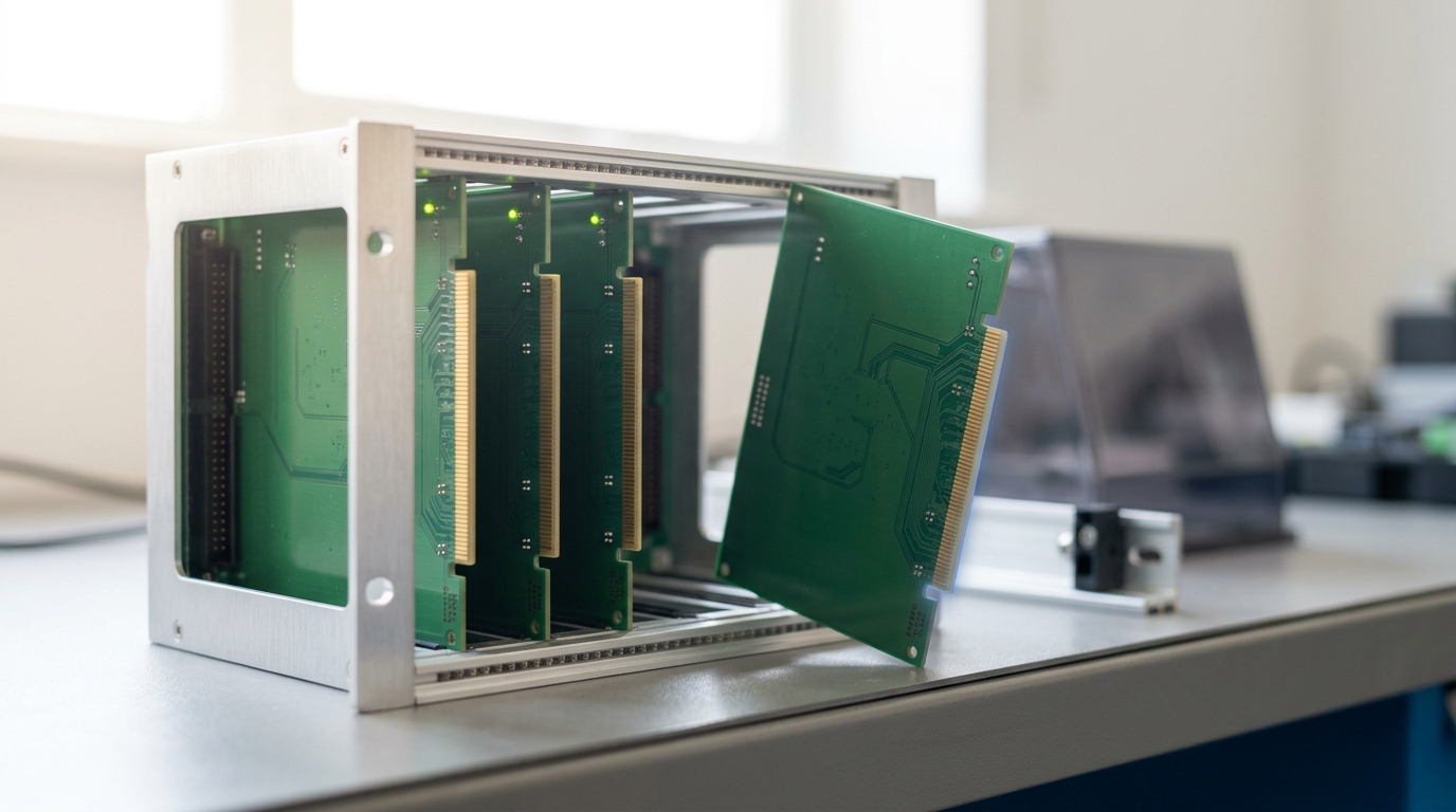 A matte-green safety-layer circuit card caught sliding into a brushed aluminium card cage, its gold edge-connector still short of the backplane, with three other cards already seated beside it
