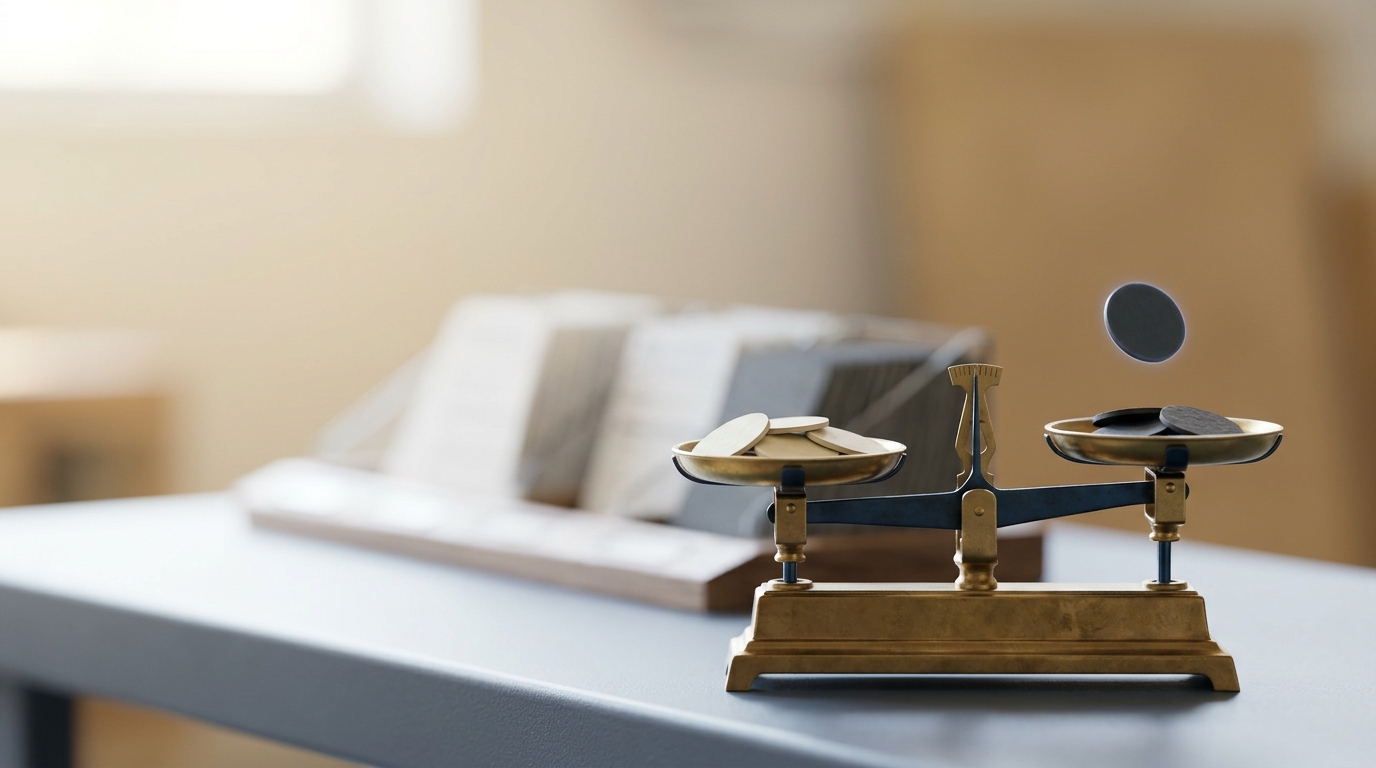 A small brass balance-beam scale on a workshop bench, one pan holding pale tokens and the other dark tokens, the beam tipped past level with one more token still falling toward a pan