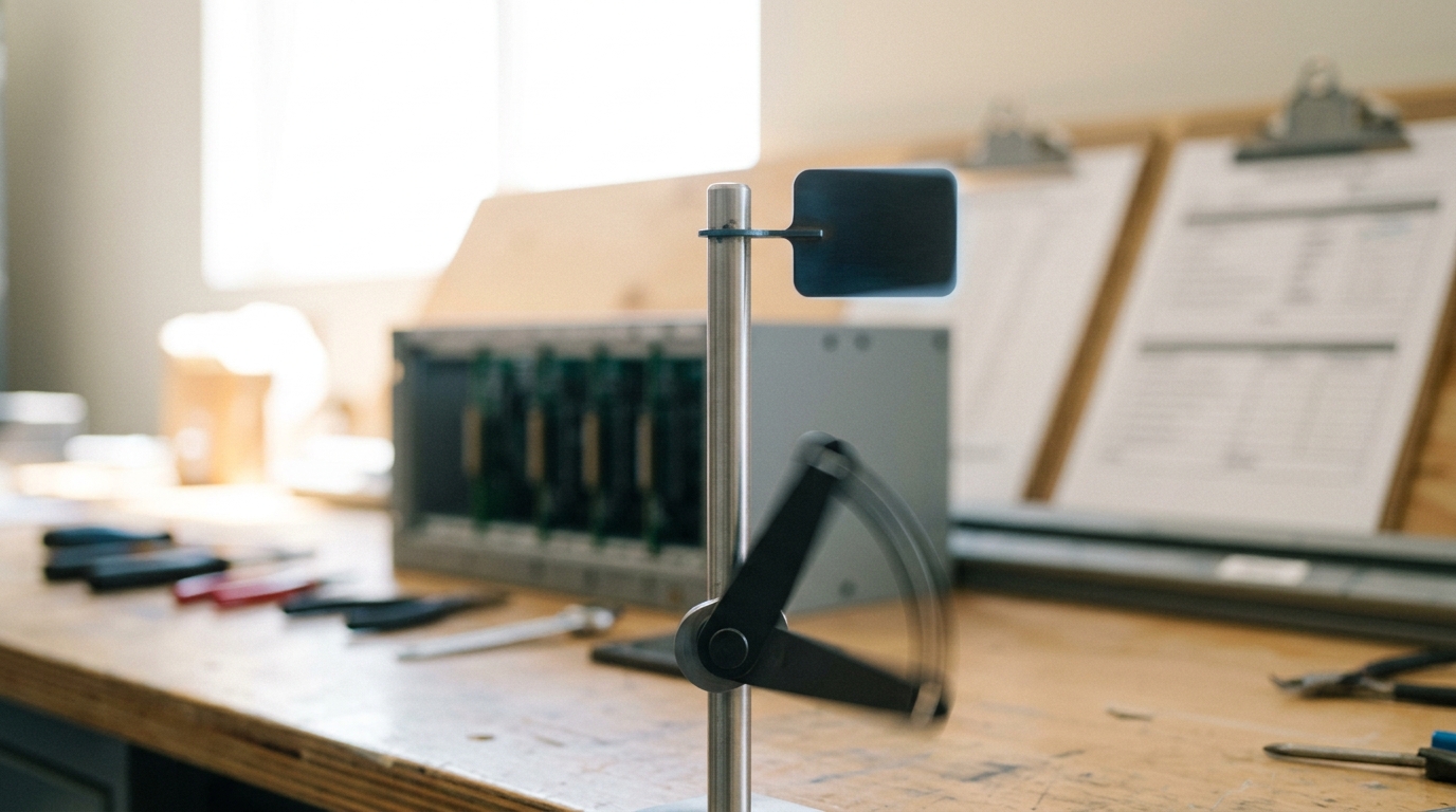 A small pivoting paddle flag on a bench-mounted signal post caught exactly horizontal mid-rotation between its resting and raised positions, a linkage rod beneath it still moving
