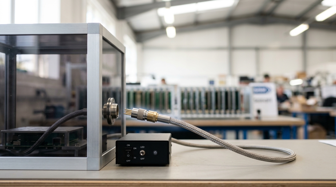 A test-probe connector caught just short of a feedthrough port on a smoked-polycarbonate isolation hood, its cable leading back to a pattern-generator box with a dark indicator