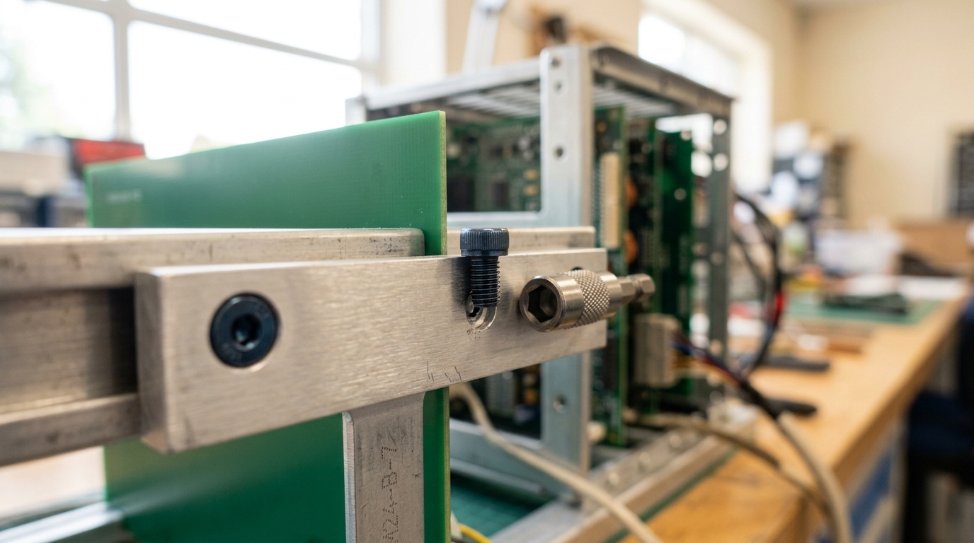 A mechanical travel-limiter bracket bolted onto a card-cage rail with one screw fully driven flush and the second screw's head still proud of the metal, a magnetic bit holder resting against the bracket face