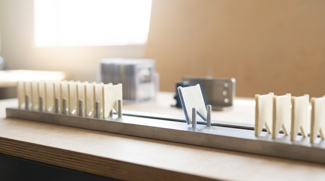 A pale resin flag-token caught mid-slide on a rail-mounted track between a row of tokens resting on hold pegs and a row resting on cleared pegs