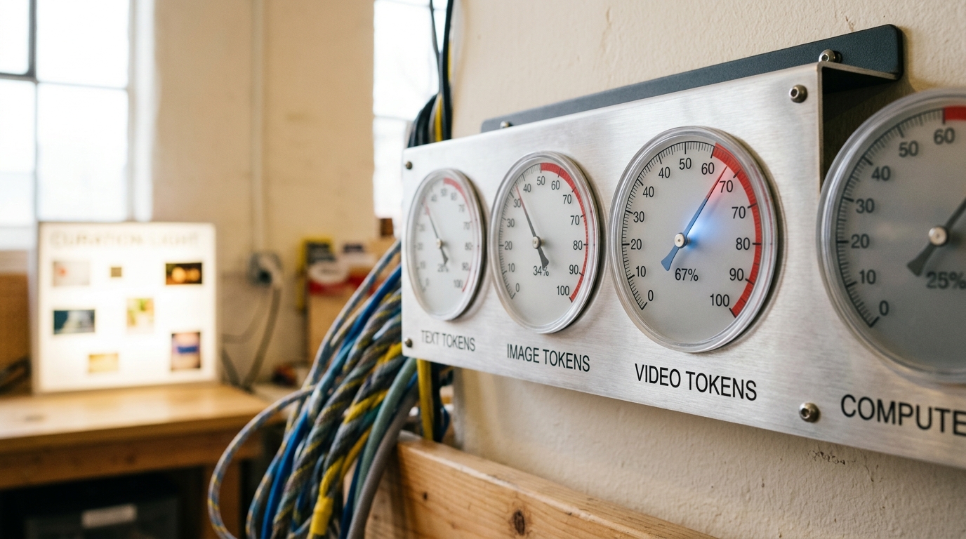 A token-and-cost metering panel with a row of dial gauges, one needle caught swinging past a painted red budget line as a video batch loads on the feed beside it