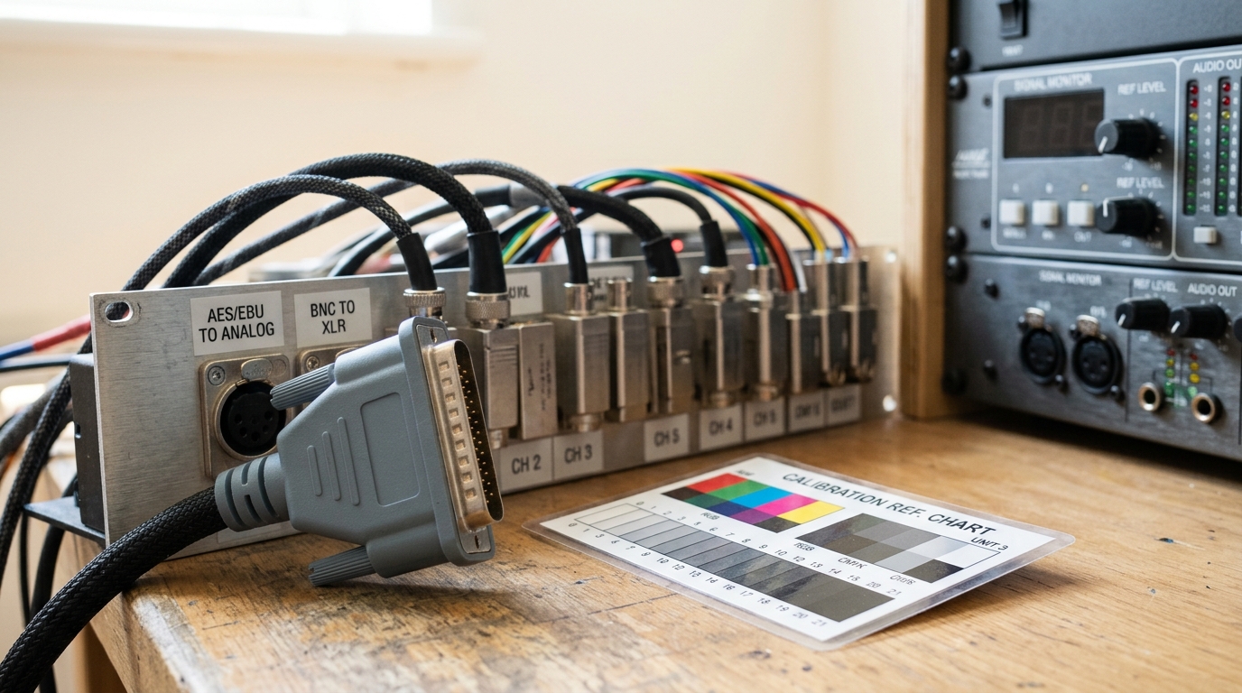 A signal-conditioning bench where a connector from one format is caught half-seated into an adapter of a different shape, a colour-and-level reference chart standing just beyond it