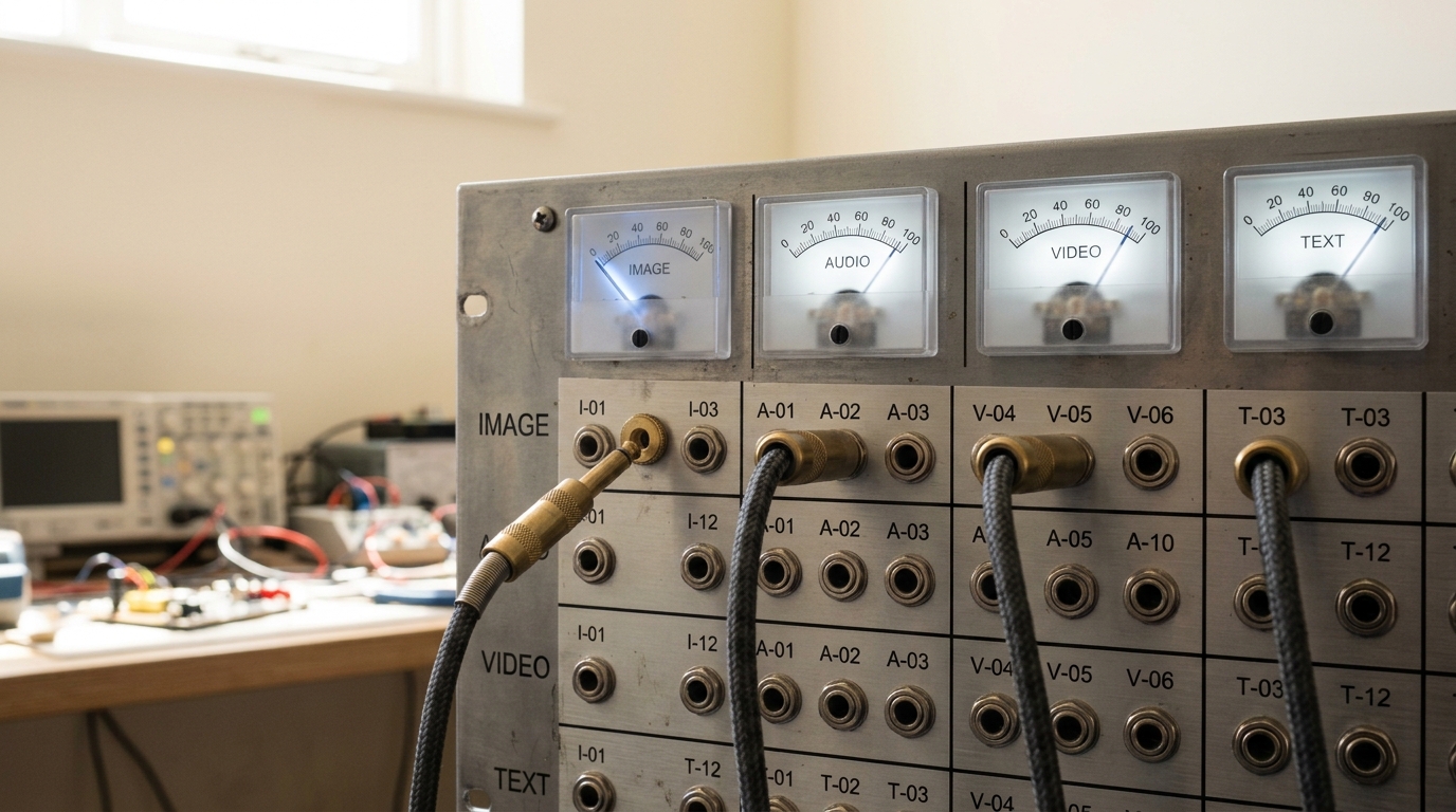 A patch bay of per-channel jacks on a modality-ablation test console, one braided patch cord caught half out of its jack so that channel's meter needle is already falling while its neighbours stay lit