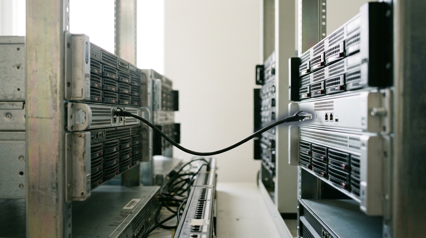 Two rows of rack-mounted test servers in the workshop, an older row on one side and a newer row on the other, a single patch cord caught mid-transfer with one end still seated in the older row and the other end reaching toward an open port in the newer row