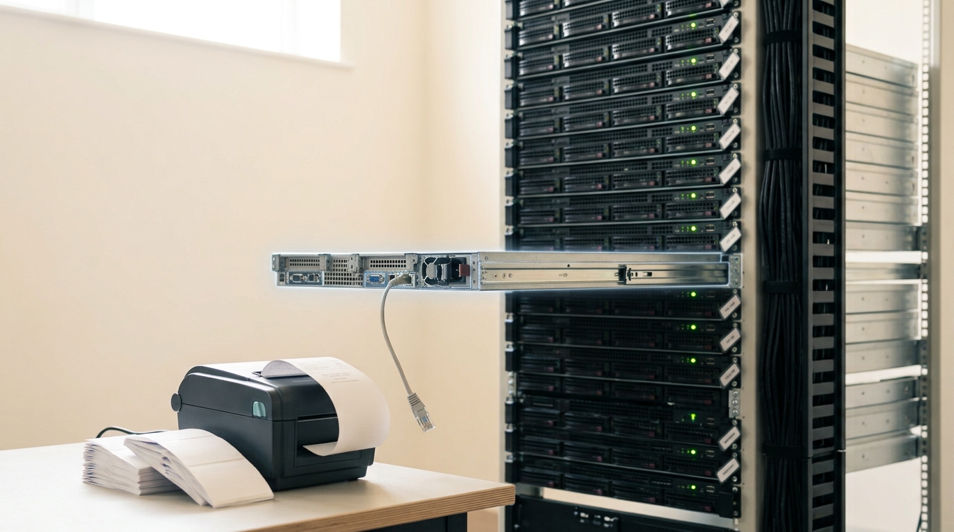 A rack of test servers in a bright workshop, most seated and running, one unit drawn half out on its rails for a version swap while a ticket printer beside the bench spools a freshly printed test-run receipt