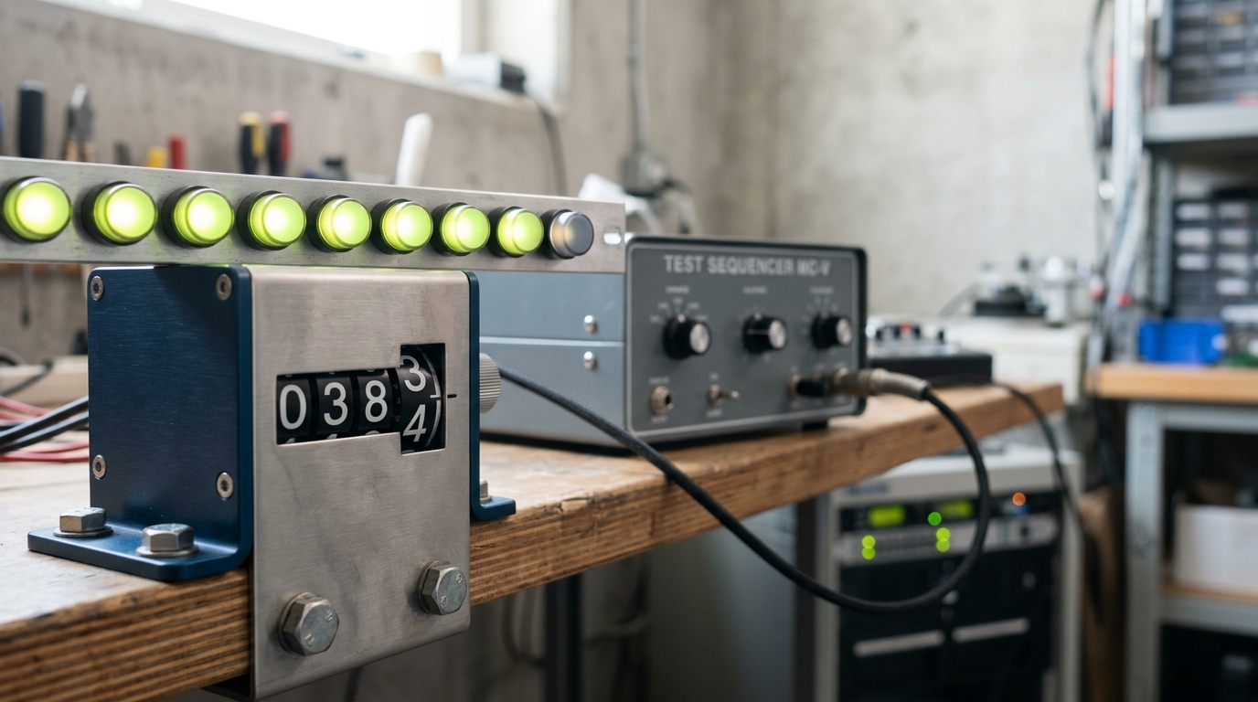 A mechanical trial counter mounted on the workshop bench beside a scripted test-sequencer appliance, its digit wheel caught mid-turn between two numbers while a row of small pass lamps above it holds mostly lit