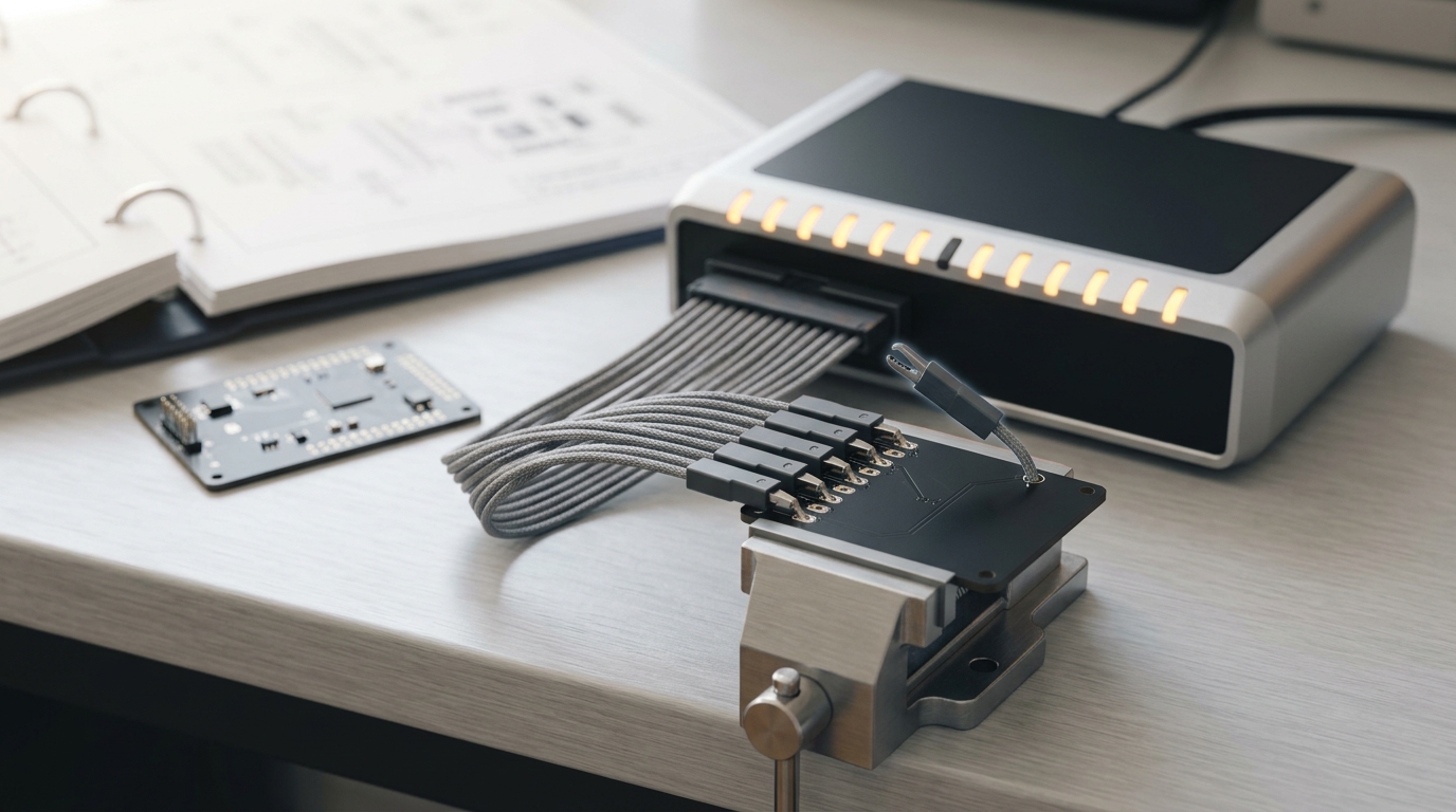 A benchtop protocol analyzer with a row of probe leads clipped onto test pads on a small board, one lead caught just short of its pad while the analyzer's channel lamps show the rest already lit steady