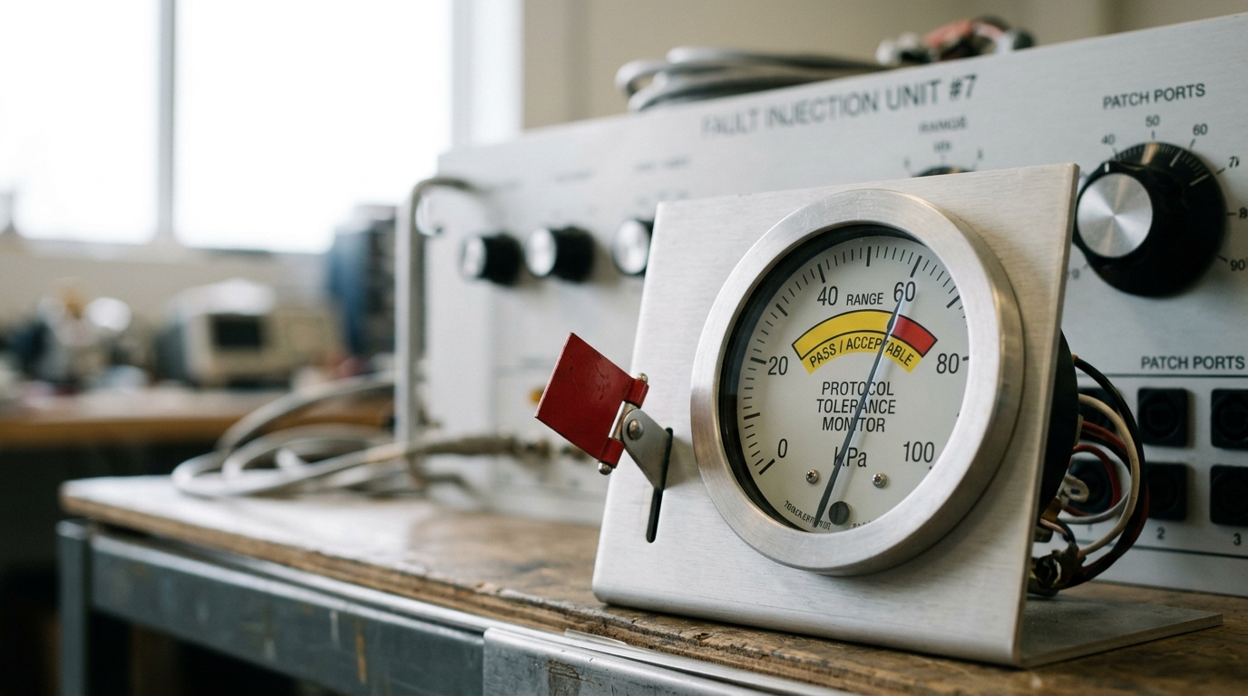 A panel-mounted dial gauge on the workshop bench with its needle resting just outside a marked tolerance band, a small mechanical flag beside it caught swinging up to indicate the reading, wired into a fault-injection appliance behind it