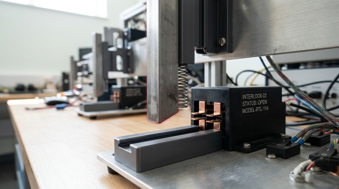 A benchtop ticket printer and tray in the workshop, a freshly printed ticket caught rising from the slot while an identical ticket already sits in the tray below, a mechanical stop bar blocking the new one from dropping in beside it