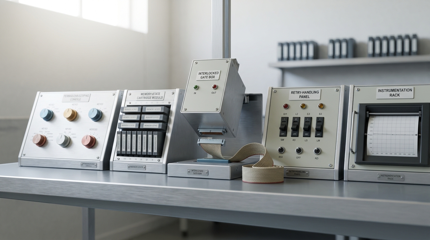 A long workshop bench holding five distinct subsystem modules wired into a harness, one module — a small interlocked gate box — caught mid-lowering into its slot with its connector not yet mated