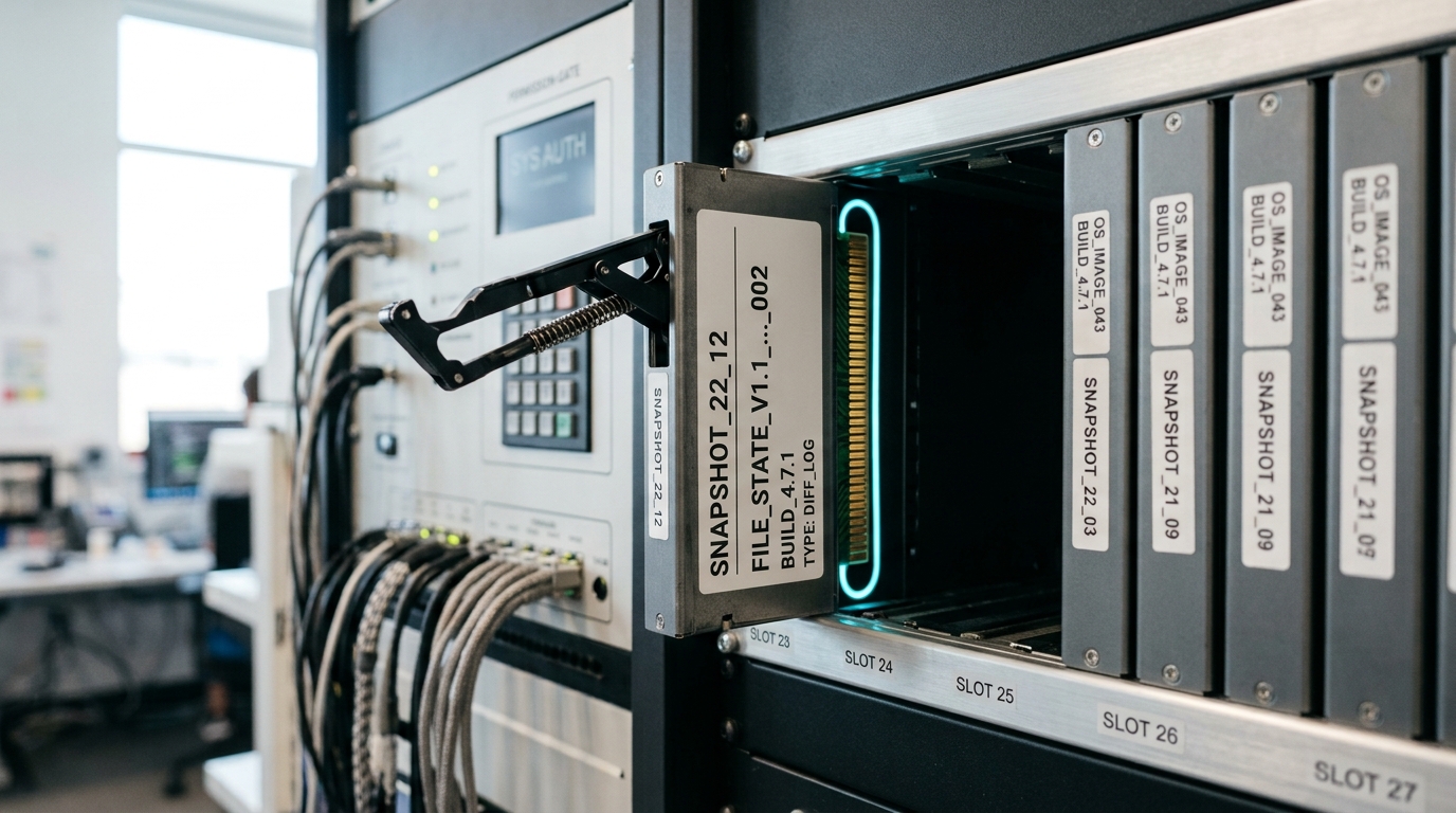 A rack of small memory-state cartridge modules with one cartridge caught halfway into its bay, its edge connector not yet mated to the backplane