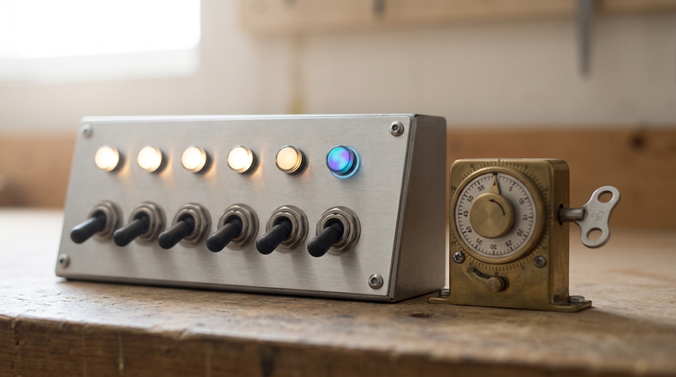 A retry-handling panel with a bank of breaker switches and indicator lamps, one lamp caught mid-change of colour beside a small wind-up backoff timer whose dial is mid-turn
