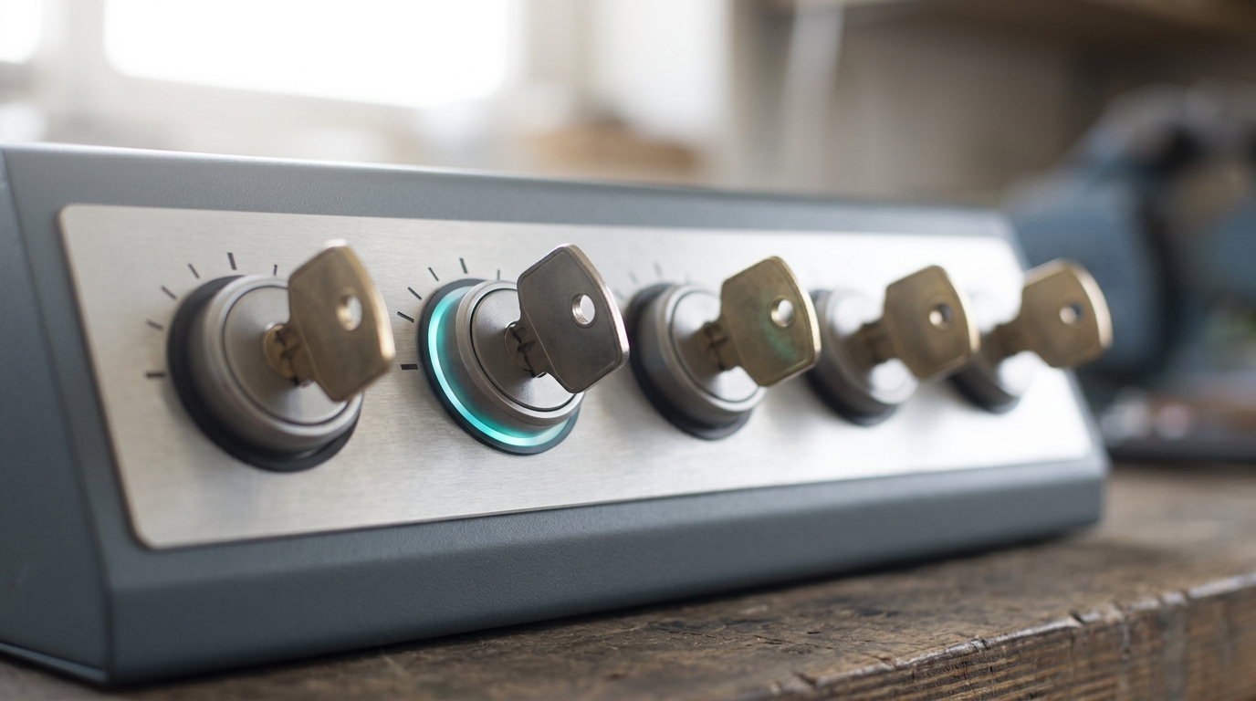A close view of a permissions-scoping console with a row of keyed rotary selectors, one selector's key caught mid-turn between two notched detents