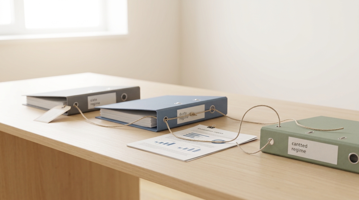 Three regulation-labelled binders laid side by side on a table with a single physical tag and string threaded through matching tabs on each spine, the tag caught mid-thread with one loop not yet drawn tight