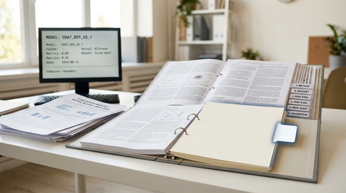 A technical-file ring binder open on a drafting desk with most section tabs filled and one tab still blank, a model-card page standing upright on a small screen beside a stack of dated evaluation printouts