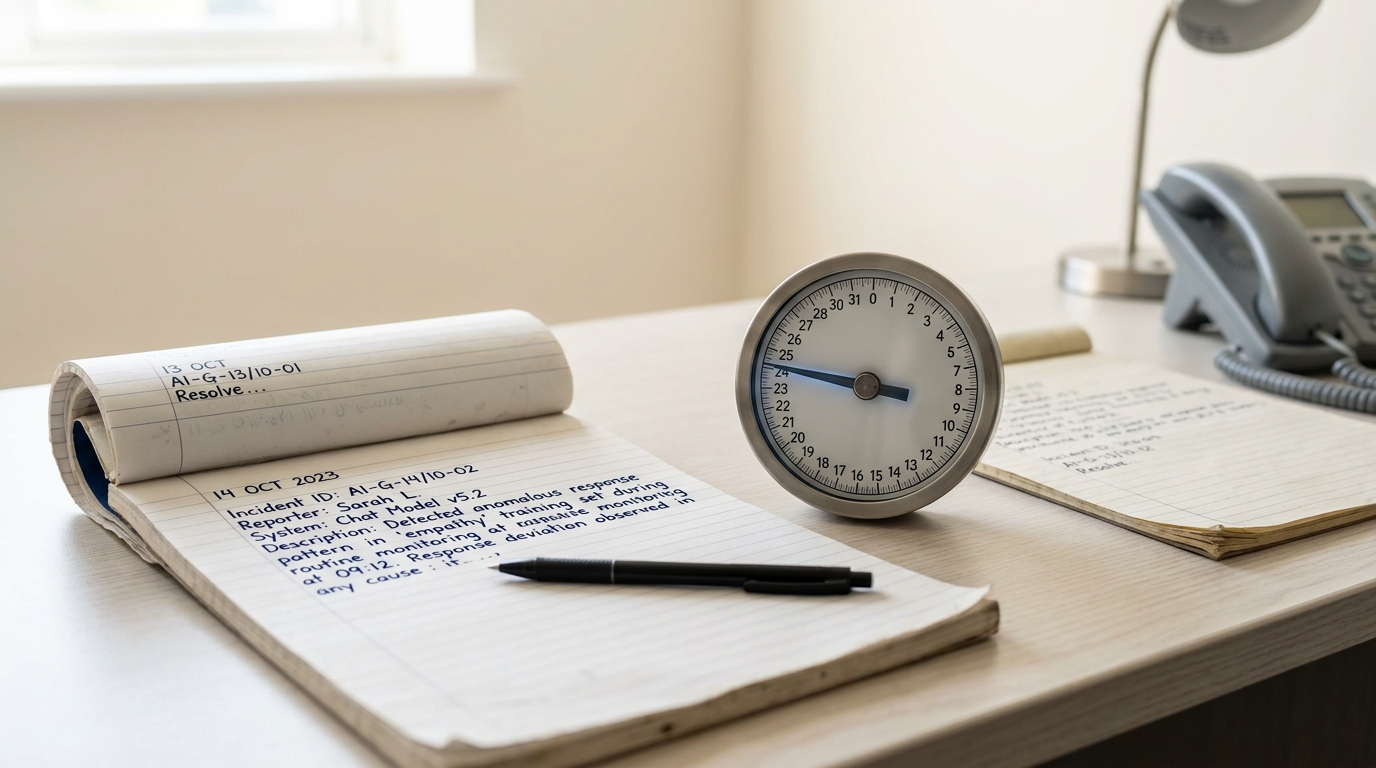 An incident-monitoring desk with an intake log entry half-written, a round mechanical day-counter dial caught mid-turn between numbers, and a second log page listing prior entries fading toward the back of the desk