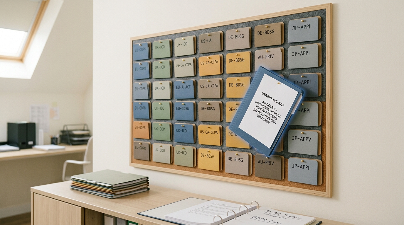 A cork pinboard of region-coded dossier folders in a jurisdiction-tracking office, one folder caught half off its pin and tilted forward, a fresh unfiled notice sheet held loosely against it
