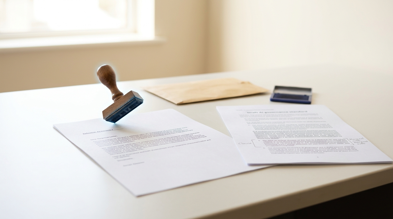 A standards-consultation desk with a drafted response letter beside an annotated excerpt of a draft standard, a rubber date stamp held tilted just above the letter's reference line, not yet pressed down
